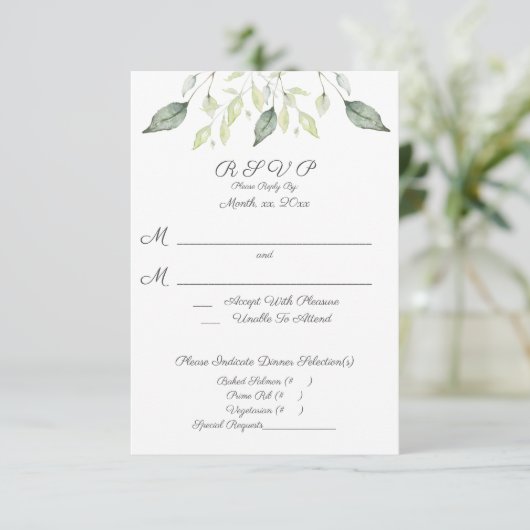 Waterverf Groene bladeren Elegante bruiloft RSVP Kaartje (Staand voorkant)