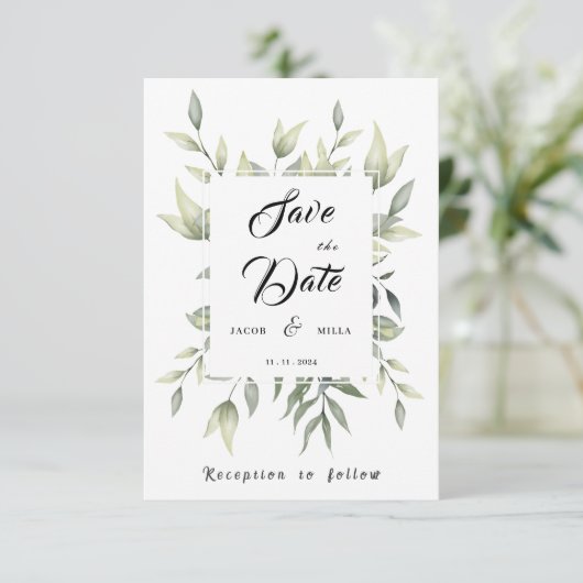 Waterverf Groene bladeren en bijkantoren Save The Date (Staand voorkant)