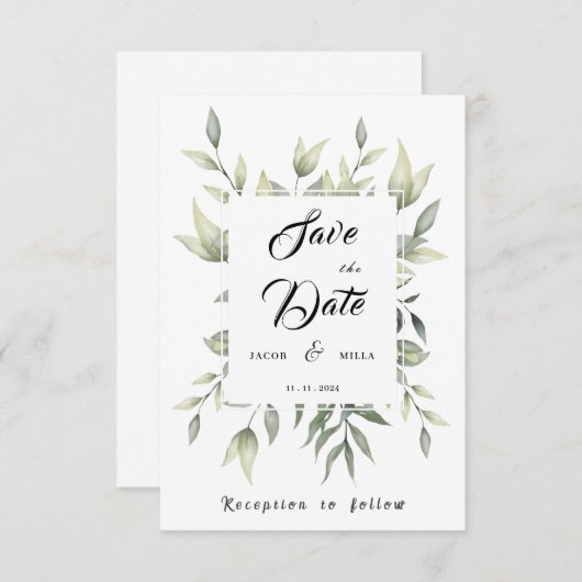 Waterverf Groene bladeren en bijkantoren Save The Date (Voorkant / Achterkant)