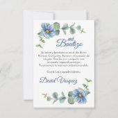 Waterverf Groene bladeren en Blauwe bloemen Doop Bedankkaart (Voorkant)