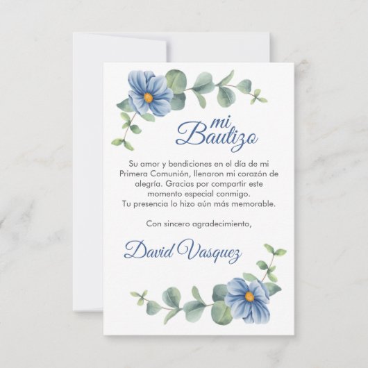 Waterverf Groene bladeren en Blauwe bloemen Doop Bedankkaart (Voorkant)