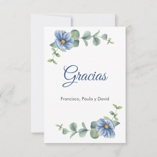 Waterverf Groene bladeren en Blauwe bloemen Doop Bedankkaart (Achterkant)