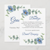 Waterverf Groene bladeren en Blauwe bloemen Doop Bedankkaart (Voorkant / Achterkant)