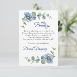 Waterverf Groene bladeren en Blauwe bloemen Doop Bedankkaart