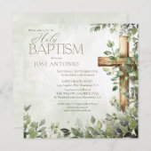 Waterverf Groene Bladeren Hout Kruis Moderne Doop Kaart (Voorkant / Achterkant)