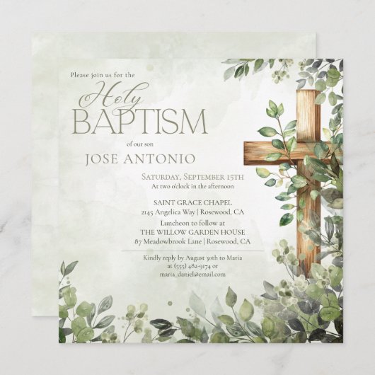 Waterverf Groene Bladeren Hout Kruis Moderne Doop Kaart (Voorkant / Achterkant)