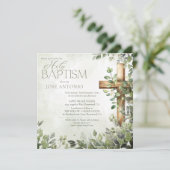 Waterverf Groene Bladeren Hout Kruis Moderne Doop Kaart (Staand voorkant)