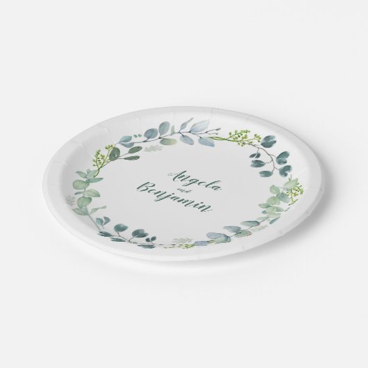 Waterverf Groene Bladeren Krans Trouwen Papieren Bordje (Gekanteld)