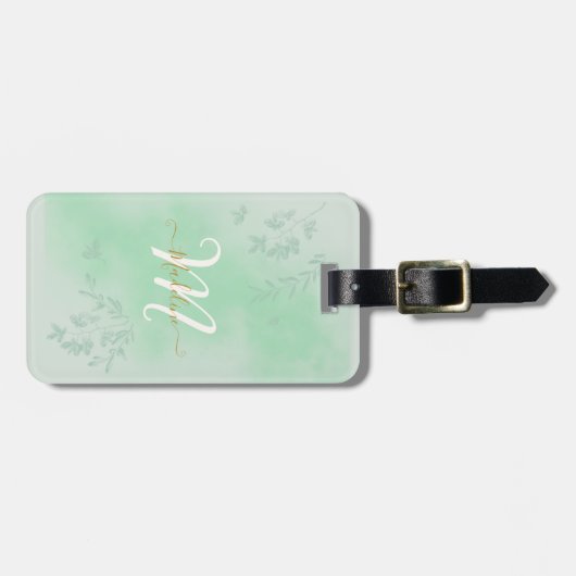 Waterverf Groene bladeren Monogram Bagagelabel (Voorkant horizontaal)