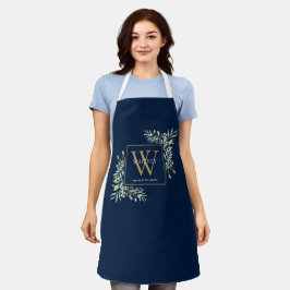 Waterverf Groene Bladeren Navy Blauwe Gouden Monog Schort