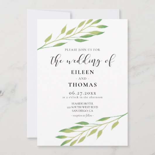 Waterverf groene bladeren trouwuitnodiging kaart (Voorkant)