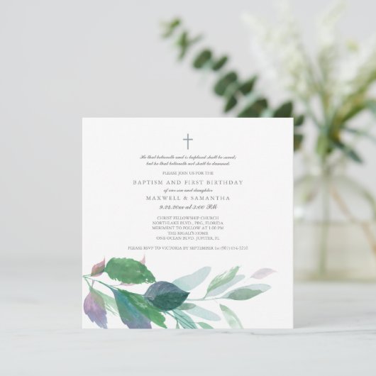 Waterverf Groene bladeren Twins Baptisme Kaart (Staand voorkant)