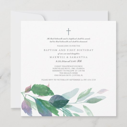 Waterverf Groene bladeren Twins Baptisme Kaart (Voorkant)