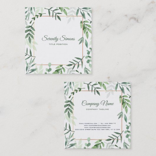 Waterverf Groene bladeren Vierkante Visitekaartje (Voorkant / Achterkant)