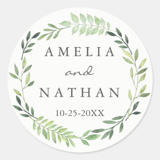 Waterverf Groene Bladkrans Bruiloft Sticker (Voorkant)