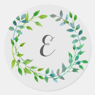 Waterverf groene bladkrans   Monogram Ronde Sticker