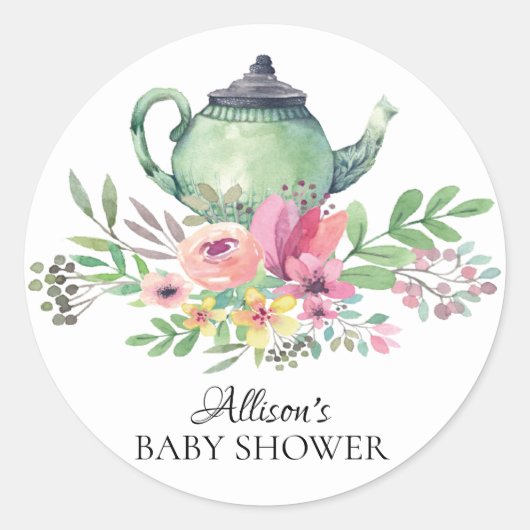 Waterverf Groene Bloemen Baby Tea Party Sticker (Voorkant)