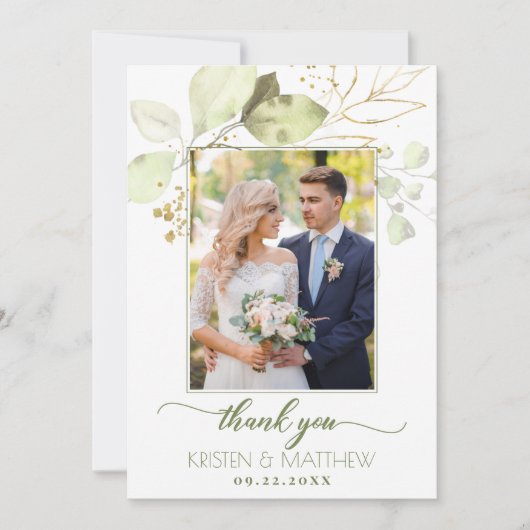 Waterverf Groene Bloemen Elegante Foto Bruiloft Bedankkaart (Voorkant)