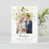 Waterverf Groene Bloemen Elegante Foto Bruiloft Bedankkaart (Staand voorkant)