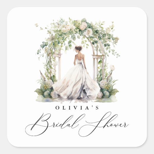 Waterverf Groene Bloemige Bruids-Shower Vierkante Sticker (Voorkant)