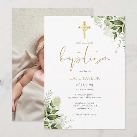 Waterverf Groene Bloemige Gouden Doop Foto Kaart (Voorkant / Achterkant)