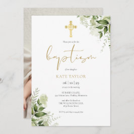 Waterverf Groene Bloemige Gouden Doop Foto Kaart