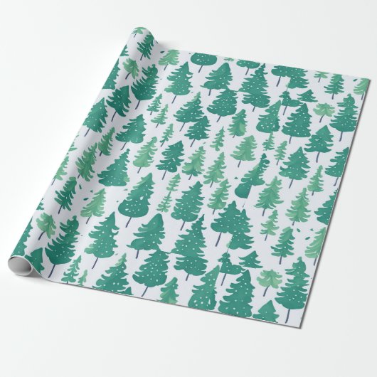 Waterverf Groene Bomen Kerst Patroon Cadeaupapier (Uitgerold)