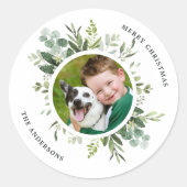 Waterverf Groene Botanische Lijst Foto Kerst Ronde Sticker (Voorkant)