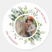 Waterverf Groene Botanische Lijst Foto Kerst Ronde Sticker (Voorkant)