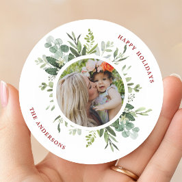 Waterverf Groene Botanische Lijst Foto Kerst Ronde Sticker