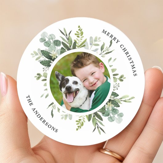 Waterverf Groene Botanische Lijst Foto Kerst Ronde Sticker