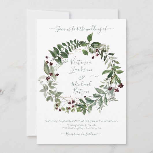 Waterverf Groene Bourgogne Bloemen Trouwkrans Kaart (Voorkant)