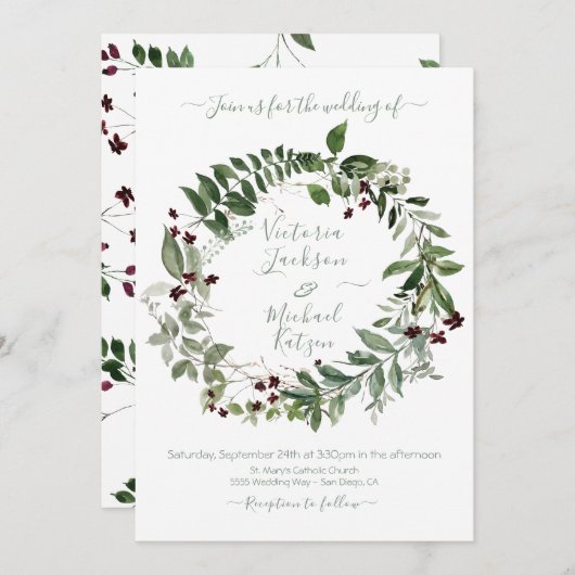 Waterverf Groene Bourgogne Bloemen Trouwkrans Kaart (Voorkant / Achterkant)