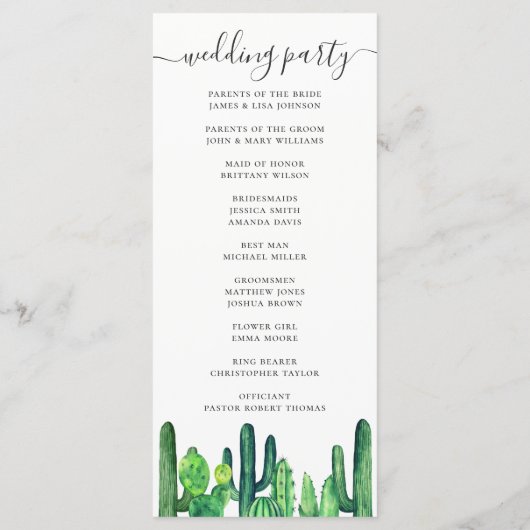 Waterverf groene cactus en vetplanten bruiloft programmakaart (Achterkant)