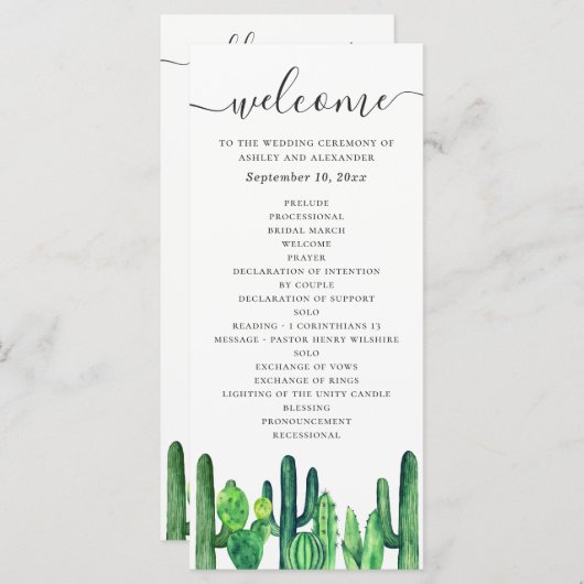 Waterverf groene cactus en vetplanten bruiloft programmakaart (Voorkant / Achterkant)