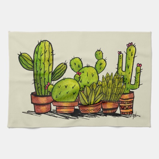 Waterverf groene cactusplanten theedoek (Horizontaal)