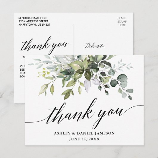 Waterverf Groene Calligrafie Huwelijk Bedankt Briefkaart (Voorkant / Achterkant)