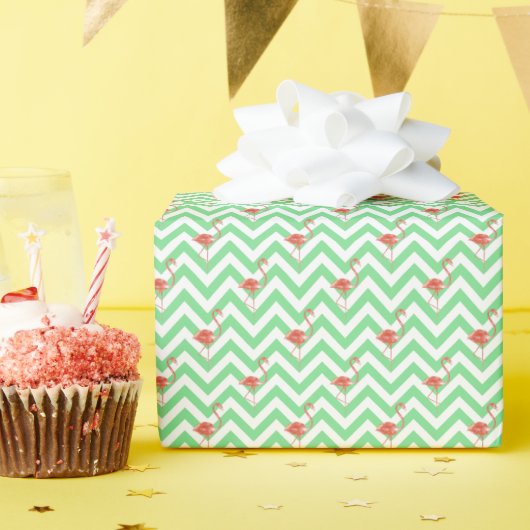 Waterverf Groene Chevron Roze Flamingo's Cadeaupapier (Verjaardagsfeest)