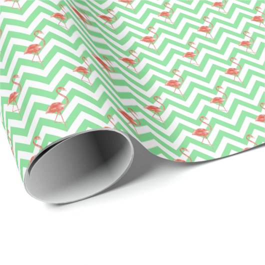 Waterverf Groene Chevron Roze Flamingo's Cadeaupapier (Rol Hoek)
