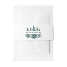 Waterverf groene dennenbomen bos rustieke bruiloft uitnodigingen wikkel