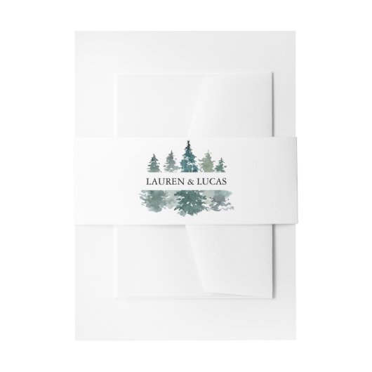 Waterverf groene dennenbomen bos rustieke bruiloft uitnodigingen wikkel (Voorkant Voorbeeld)