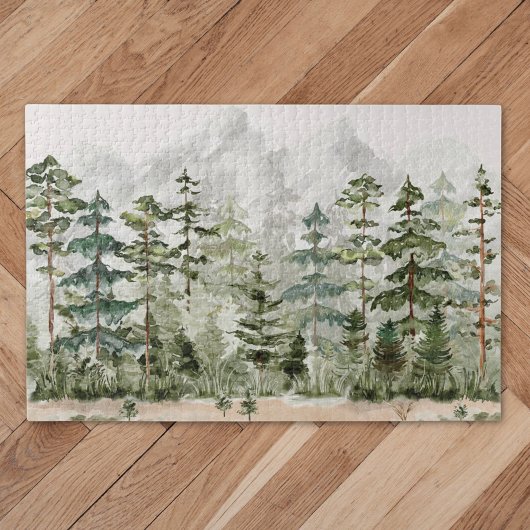 Waterverf groene dennenbos op de berg legpuzzel