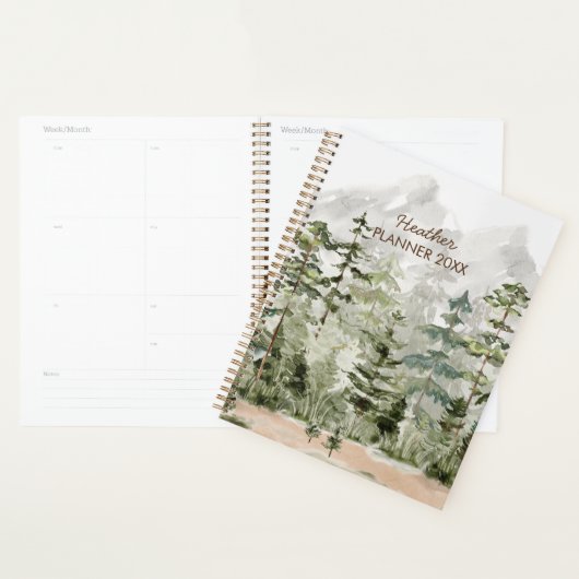 Waterverf groene dennenbos op de berg planner (Display)