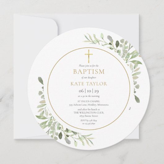 Waterverf Groene Doop Christening Cirkelvormig Kaart (Voorkant)