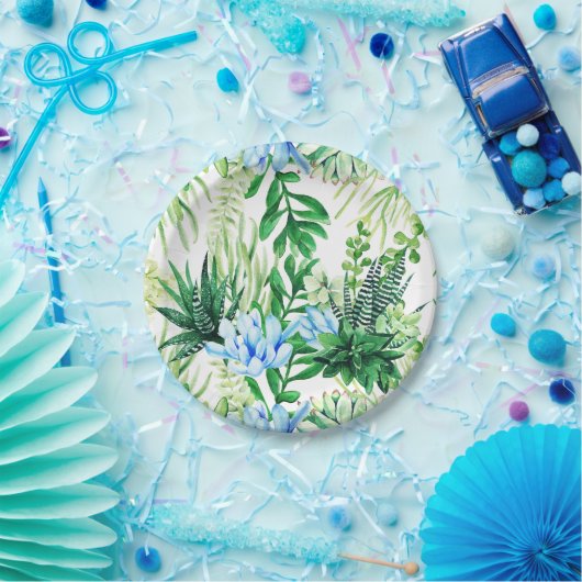 Waterverf Groene en Blauwe Succulente Planten, bla Papieren Bordje (Feest)