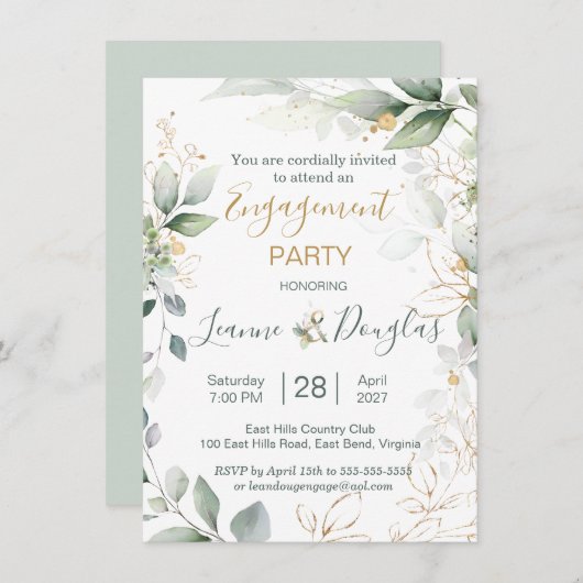 Waterverf groene en goudbladeren Engagement Party Kaart (Voorkant / Achterkant)