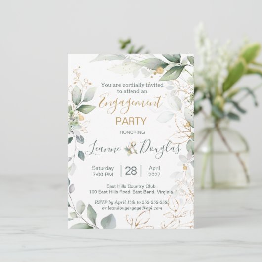 Waterverf groene en goudbladeren Engagement Party Kaart (Staand voorkant)