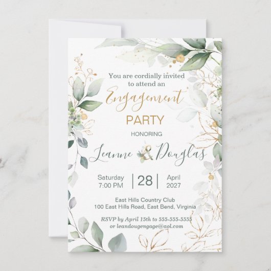 Waterverf groene en goudbladeren Engagement Party Kaart (Voorkant)