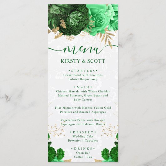 Waterverf groene en gouden bloemen bruiloft menu (Voorkant)