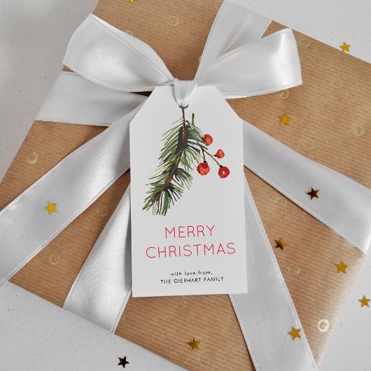 Waterverf groene en rode dennenbessen kerst cadeaulabel